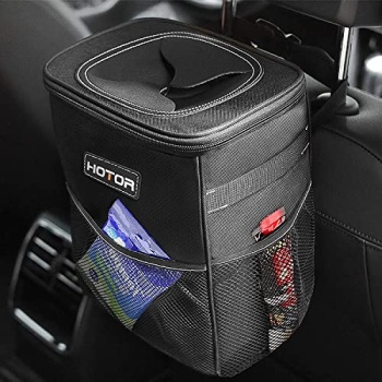 HOTOR Car Trash Can 2 Gallon with Lid and Storage Pockets, 100% Leak-Proof Car
